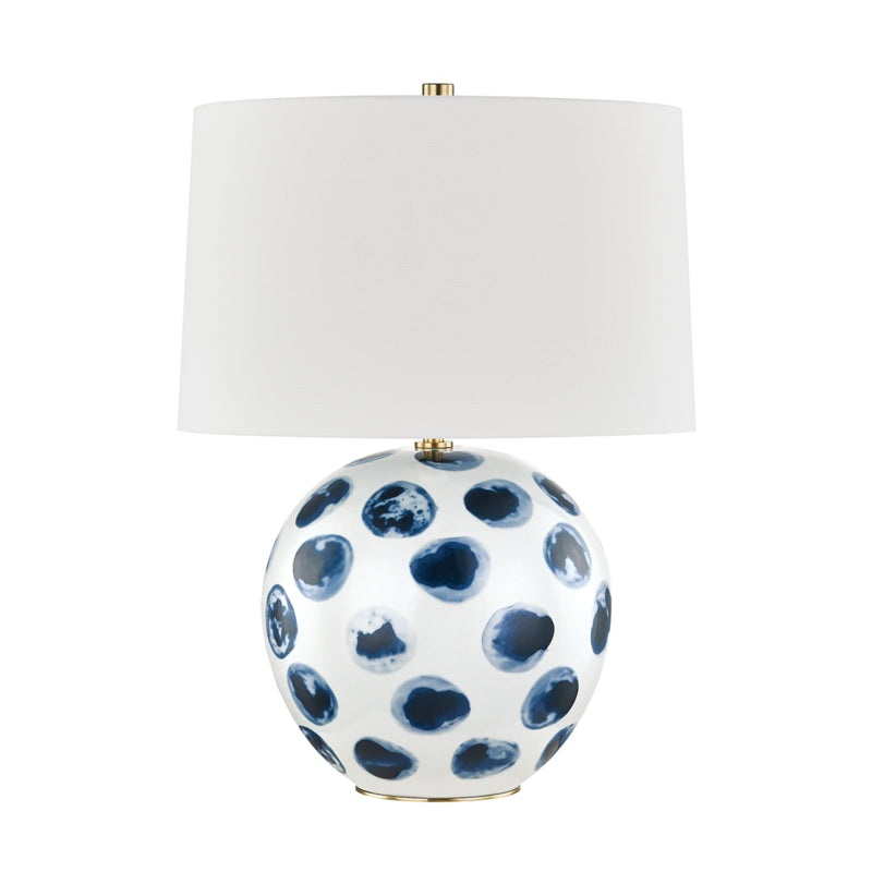 Blue Point 1-Light Table Lamp in White/Blue Dots with White Belgian Linen Shade