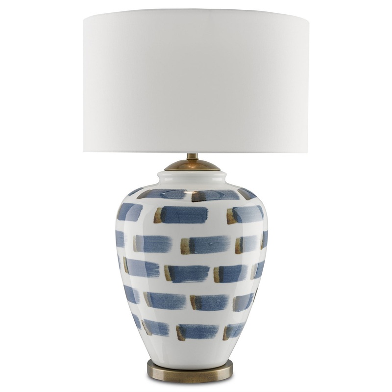 Brushstroke 1-Light Table Lamp in White & Blue & Antique Brass with White Linen Shade