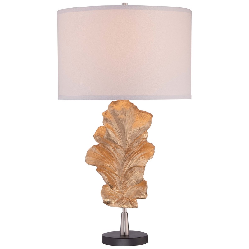 1-Light Table Lamp in Gold Leaf with White Suede Fabric Shade