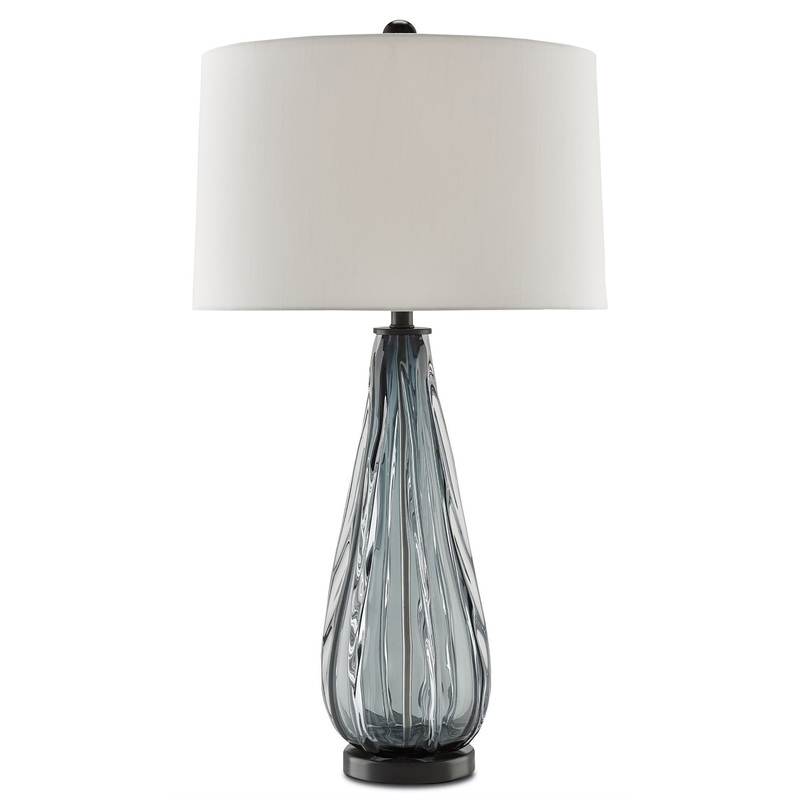 Nightcap 1-Light Table Lamp in Blue-Gray & Clear & Black with Off-White Shantung Shade