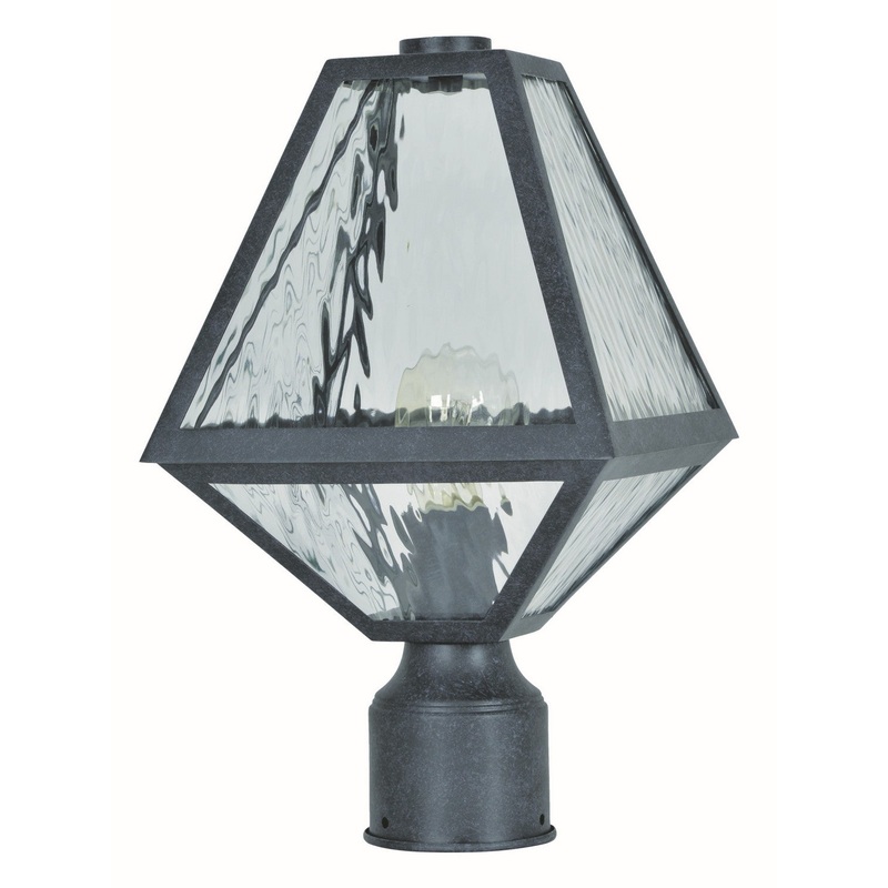 Glacier 1-Light Outdoor Lantern Post in Black Charcoal with Water Panelss Glass