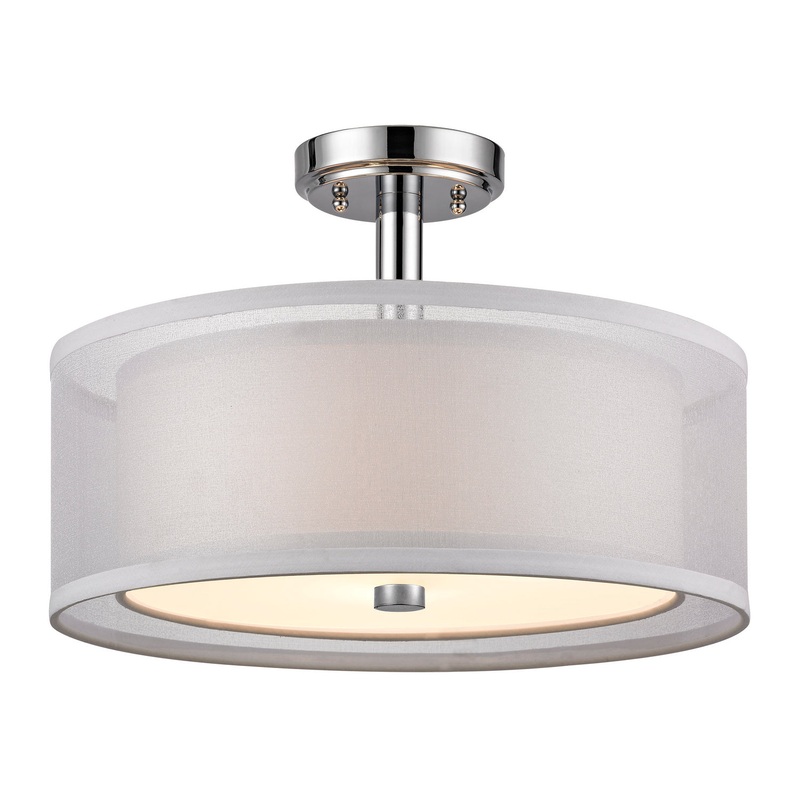 Double Organza 3-Light Semi-Flush Mount in Chrome with Fabric Shade