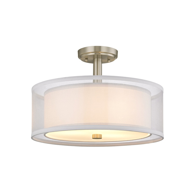 Double Organza 4-Light Semi-Flush in Satin Nickel with Fabric Shade