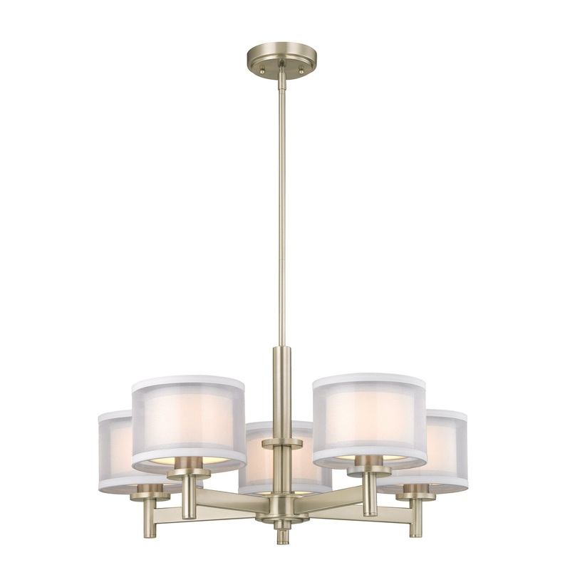 Double Organza 5-Light Chandelier in Satin Nickel with Fabric Shade