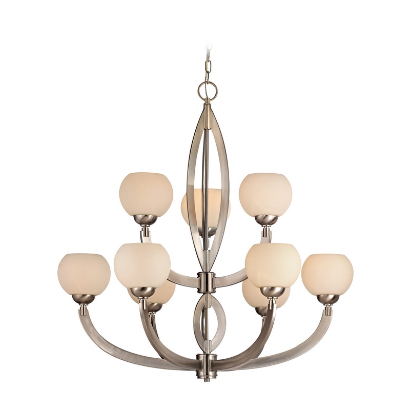 Odyssey 9-Light 2-Tier Chandelier in Satin Nickel with Satin White Glass