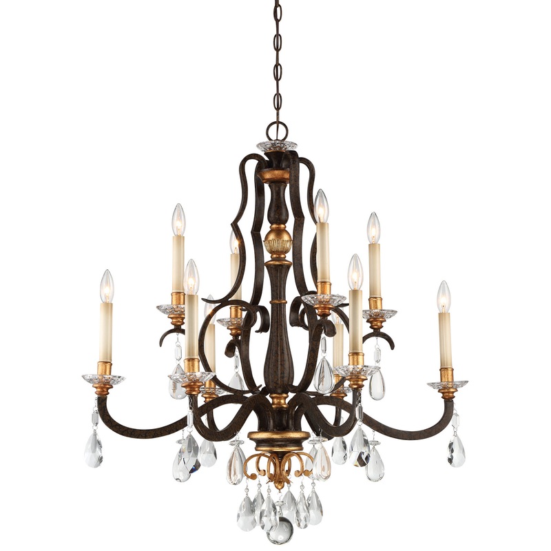 Chateau Nobles 10-Light Chandelier in Raven Bronze with Sunburst Gold with Clear Cap Glass