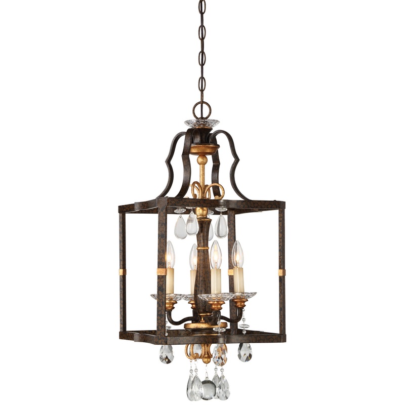 Chateau Nobles 4-Light Pendant in Raven Bronze with Sunburst Gold with Clear Cap Glass