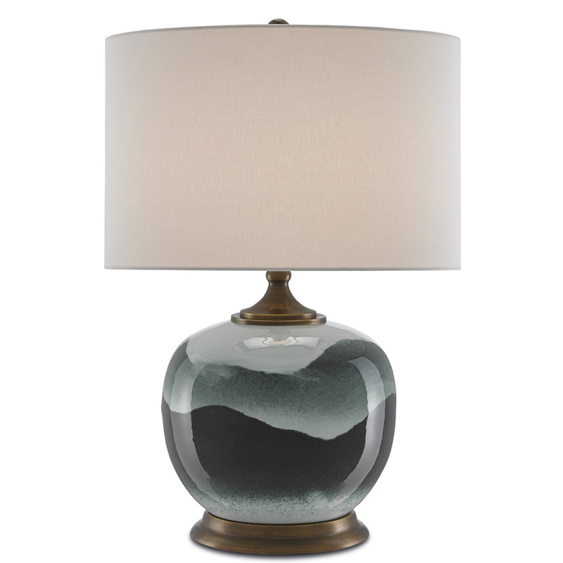 Boreal 1-Light Table Lamp in White & Green & Antique Brass with White Linen Shade