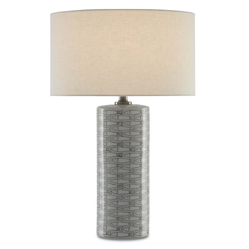 Fisch 1-Light Table Lamp in Gray & White & Antique Nickel with Off-White Linen Shade