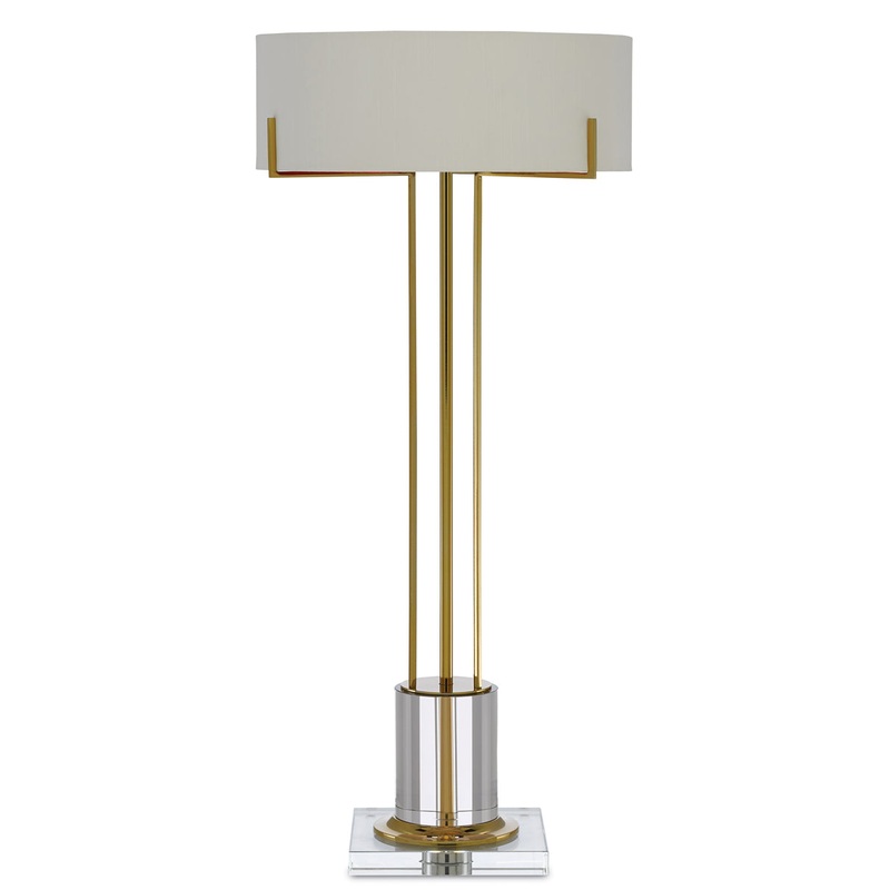 Winsland 2-Light Table Lamp in Polished Brass & Clear with Off-White Shantung Shade