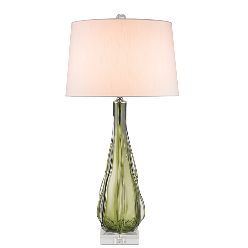Zephyr 1-Light Table Lamp in Green & Clear with Off-White Shantung Shade