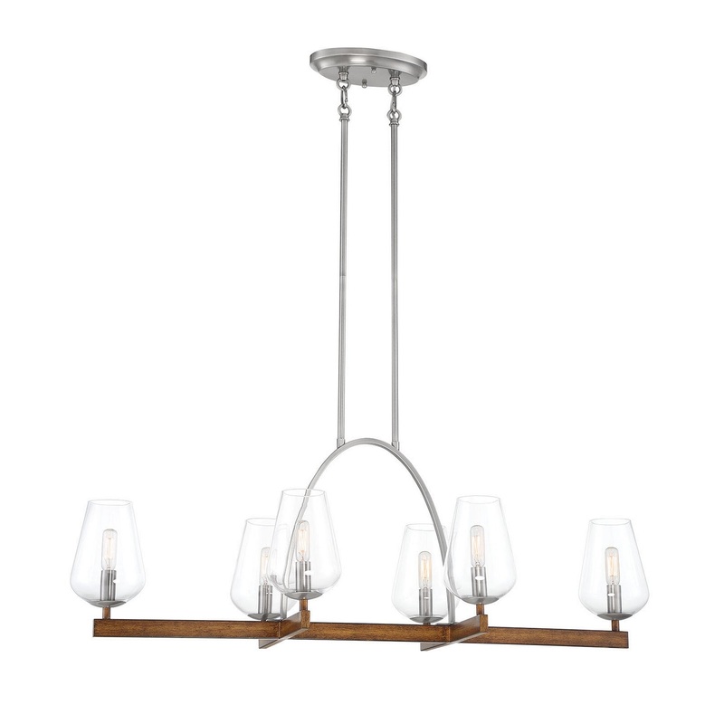 Birnamwood 6-Light Island in Koa Wood with Pewter & Clear Glass