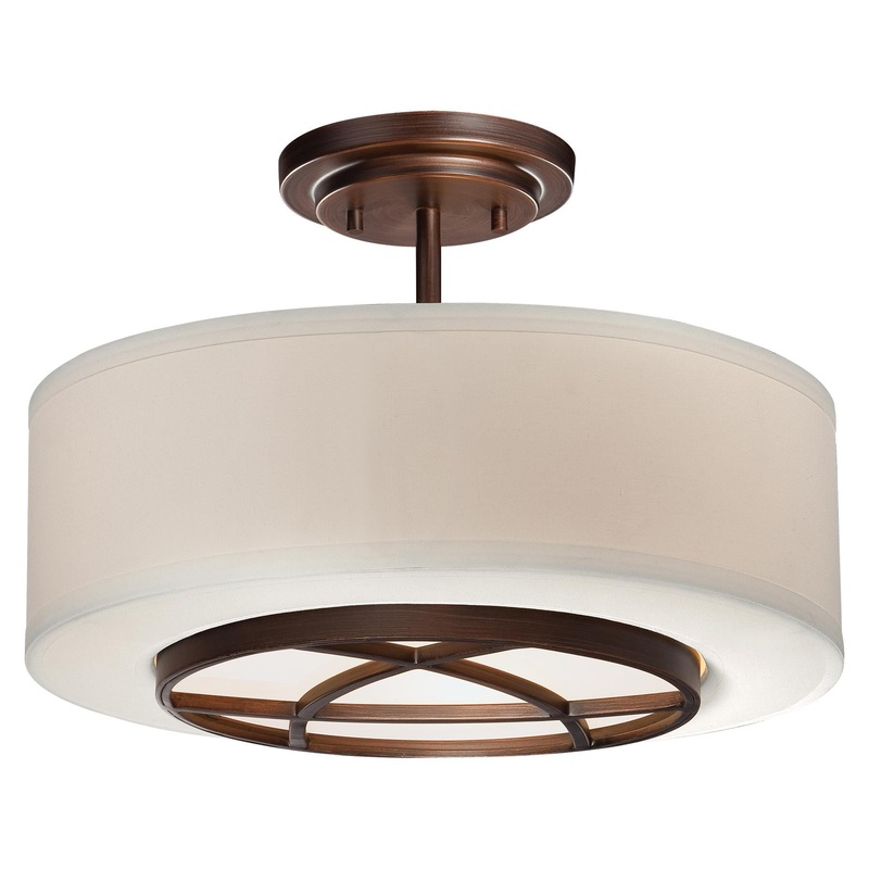 City Club 3-Light Semi-Flush Mount in Dark Brushed Bronze (Painted) with Glass & Fabric Shade