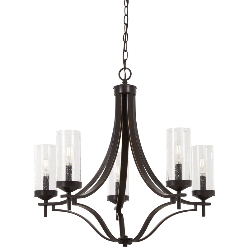 Elyton 5-Light Chandelier in Downton Bronze with Gold Highl & Clear Seedy Glass