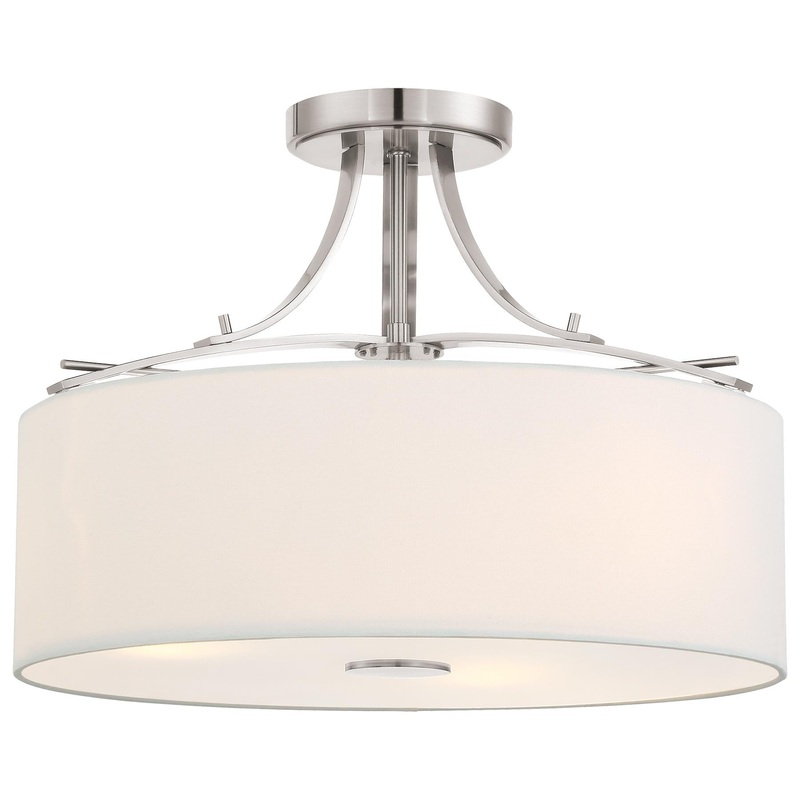 Poleis 3-Light Semi-Flush Mount in Brushed Nickel with White Linen Fabric Shade