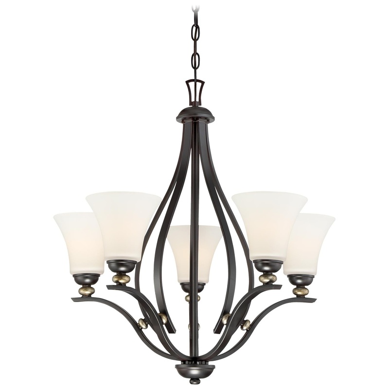 Shadowglen 5-Light Chandelier in Lathan Bronze with Gold Highli & Etched White Glass