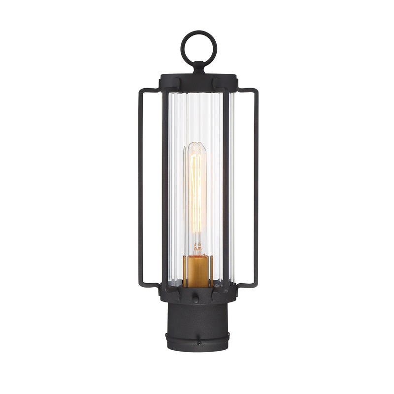 Avonlea 1-Light Outdoor Post in Coal with Gold & Clear Ribbed Glass