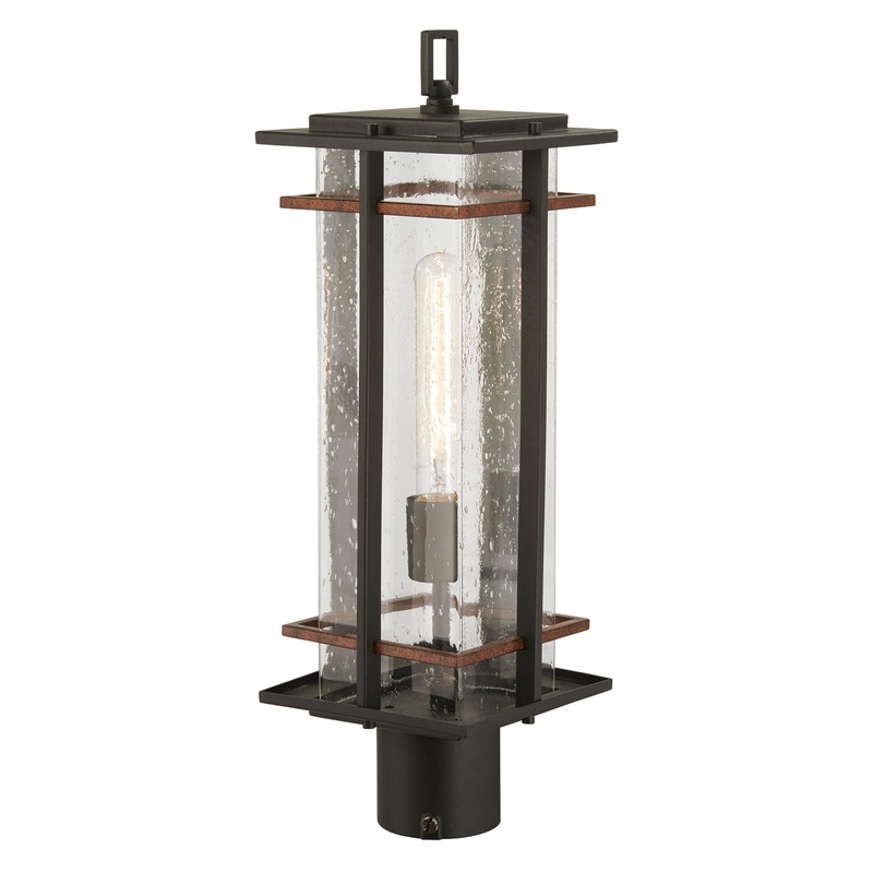 San Marcos 1-Light Post Mount in Coal with Antique Copper Accents & Clear Seeded Glass